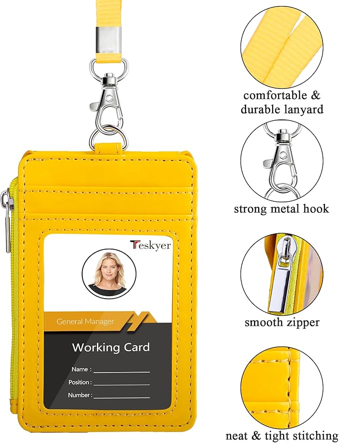 Teskyer Badge Holder with Side Zip Pocket, Multiple Card Slots Leather ID Holder Wallet with Neck Lanyard for Office Staffs, Teachers/Students, Workers, Cruise Cards, Bus/Metro Cards, Bright Yellow
