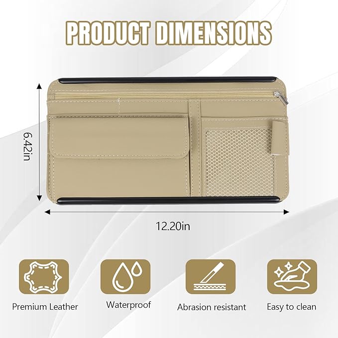 Hovom Car Visor Organizer, Leather Multi-Pocket Auto Sun Visor Storage Pouch with Sunglasses Holder, Card Holder, Zipper Pocket, Net Pocket, Pen Slot, Universal Interior Car Accessories (Beige)