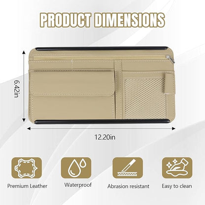 Hovom Car Visor Organizer, Leather Multi-Pocket Auto Sun Visor Storage Pouch with Sunglasses Holder, Card Holder, Zipper Pocket, Net Pocket, Pen Slot, Universal Interior Car Accessories (Beige)