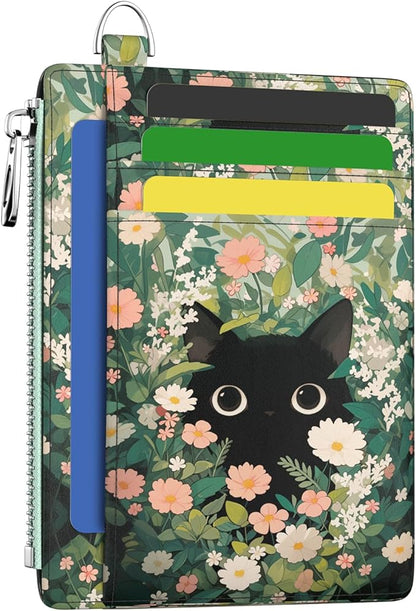 Hancynir Slim Wallet Women Credit Card Holder Cute Black Cat Floral RFID Small Mini Card Case Front Pocket PU Leather Thin Travel Zipper Coin Cash ID Window Girls Wallet Gifts