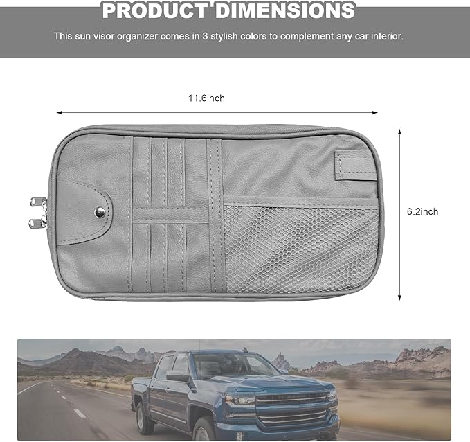 Car Sun Visor Organizer, Multi-Purpose Visor Storage Holder with Elastic Bands & Glasses Clip, Multi-Pocket Sunshade Organizer Soft Leather Storage Pouch for Car Truck SUV (Gray)