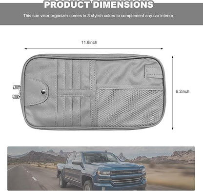 Car Sun Visor Organizer, Multi-Purpose Visor Storage Holder with Elastic Bands & Glasses Clip, Multi-Pocket Sunshade Organizer Soft Leather Storage Pouch for Car Truck SUV (Gray)