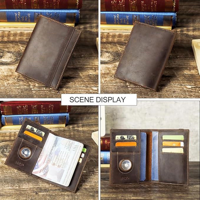 CONTACTS Full Grain Leather Passport Holder for 2 RFID Blocking Travel Passport Wallet Compatible with Airtag Passport Cover Case for 2 Passports with 5 Card Slots