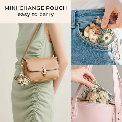 Vintage White Peony Floral Flowers Keychain Coin Purse for Women, Small PU Leather Change Pouch, Zipper Little Tiny Travel Wallet for Girls, Cute Kawaii Zip Pocket Coin Holder with Key Ring
