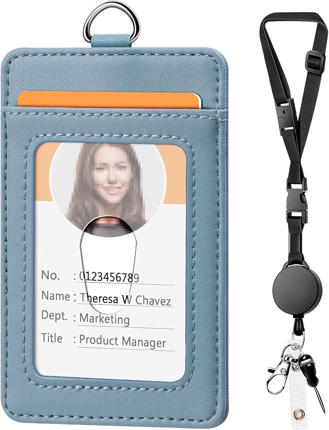 Leather Badge Holder and Adjustable Retractable Lanyards, Quick Release Buckle and Safety Breakaway Lanyards with Swivel Metal Clasp for Offices, Staff, Students, Employees