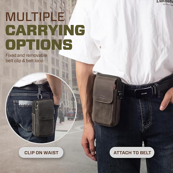 Hengwin Leather Men Cell Phone Holster Wallet Case with Belt Clip Travel Messenger Bag Waist Pouch Crossbody Purse Fit for iPhone 16 Pro Max 15 Pro Max 14 Pro Max Samsung Galaxy S25 Ultra S24+ (Grey)