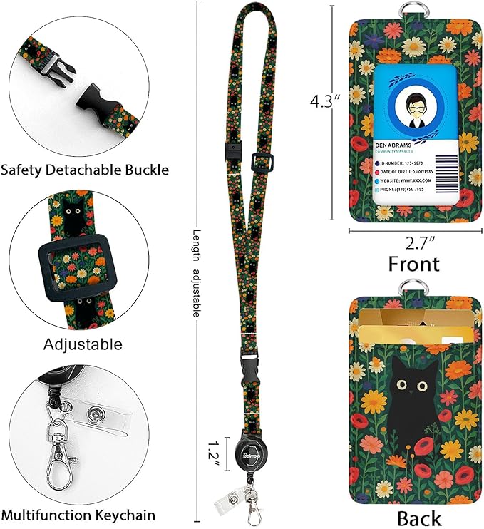 bolimoss Black Cat Daisy Leather ID Badge Card Holder, Adjustable Landyard with Retractable Reel, Cute Flower Badge Holders with Metal Swivel Clasp, Detachable Safety Quick Release Buckles for Key