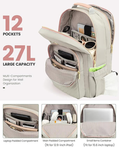 LOVEVOOK Laptop Backpack Purse for Women, Work Travel Computer Bags, College School Backpack for Student Girl, Quilted Casual Daypack with USB Port, Fit 15.6 Inch Laptop, Grey Pink