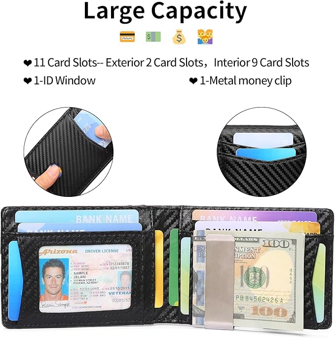 Slim Wallet for Men Bifold RFID Blocking Front Pockets Wallet Credit Card Holder Minimalist Leather Money Clip Mens Wallet with 12 card Slots