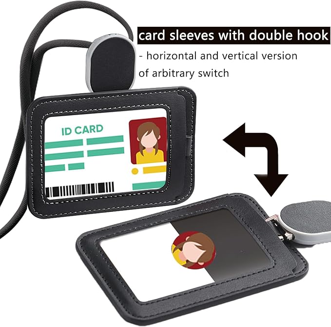Larpur Retractable Badge Holder, PU Leather Work ID Card Holder Case for School Office, Key Card Credit Card Holders with Badge Reel Detachable Lanyard (Black)