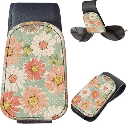 Sunglasses Holder for Car Visor, PU Leather Glasses Clip Organizer, Cute Magnetic Eyeglass Holder for Vehicle Sun Visor, Car Interior Accessory for Women & Men Retro Daisy Floral