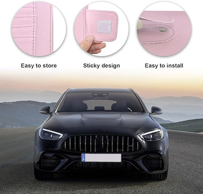 Dickno 2PCS Small Leather Car Sun Visor Organizer, Multifunctional Auto Visor Document Holder with Sunglasses Clip, Universal Car Interior Organizer for Drving License, Card, Pen (Pink)