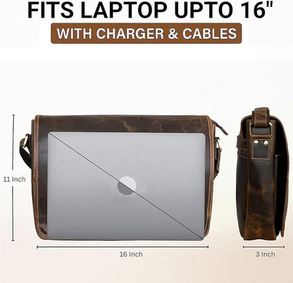 Leather Messenger Bag for Men 16" Full Grain Leather Laptop Bag Vintage Crossbody Office Satchel Travel Shoulder Bag