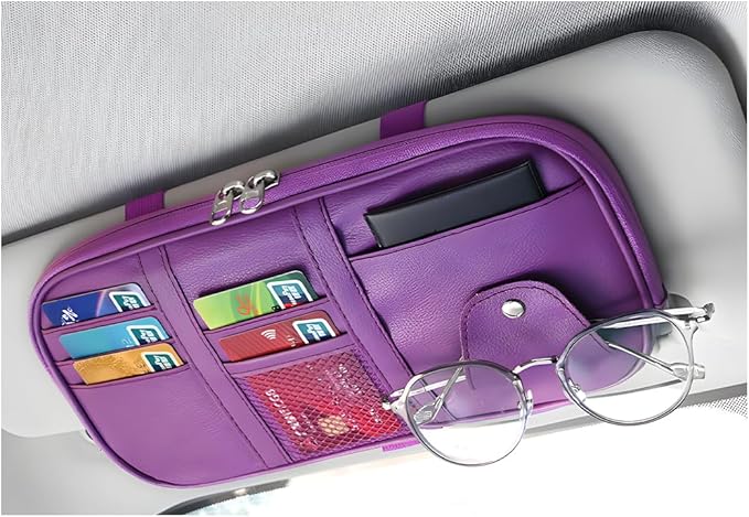 Car Sun Visor Organizer, Multi-Pocket Visor Storage Pouch Sunglasses Holder with Net Zippers, PU Leather Sunvisor Storage Bag with Elastic Band for Driving License Card Pen (Purple)