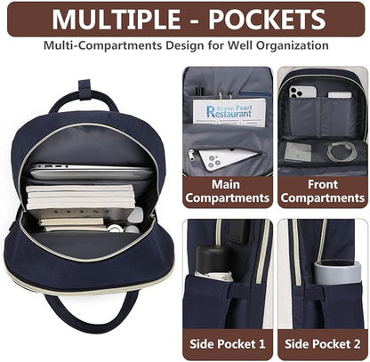 Laptop Backpack for Women, Fits 15.6 Inch Laptop Bag, Fashion Travel Work Backpack Anti-theft Bag with USB Charging, Business Computer Waterproof Backpack Purse, Beige Blue Brown