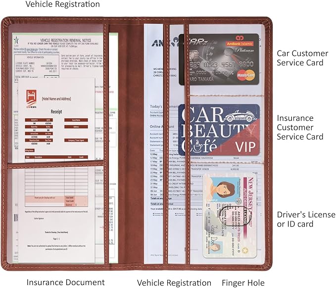 Car Accessories Registration and Insurance Holder,Leather Essential Card Magnetic Shut Vehicle Glove Box Organizer Case for Auto Driver License Document Truck Motorcycle Boat Men Women-Brown