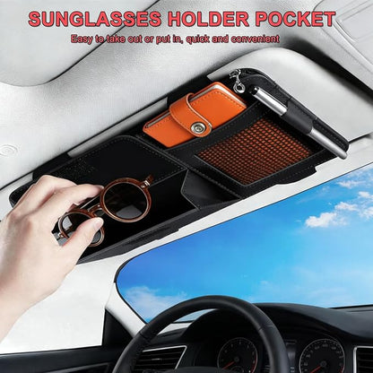 Car Visor Organizer - Sun Visor Storage with Sunglasses Holder,Visor Document Holder and Card Clip Leather Car Interior Accessory Fit for Truck SUV Vehicle