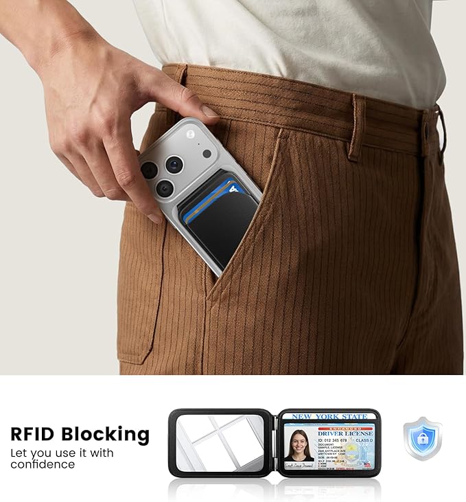 QYQBOON Magnetic Phone Wallet With Makeup Mirror - Mag Safe Wallet Leather RFID-Blocking Mag-Safe Card Holder for iPhone 17/16/15/14/13/12 Series, Not for iPhone 13/12 Mini (Black)