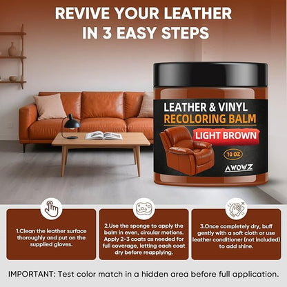 Leather Recoloring Balm - Scratch Repair & Color Restore Kit for Faded Leather, Couch & Car Seats - 10OZ Leather Restorer Balm for Furniture, Auto Interior, Vinyl, Accessories (Light Brown-Tan)
