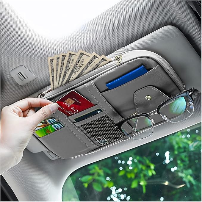 AUCELI Car Sun Visor Organizer, PU Leather Document Registration Case Bag with Multi-Pocket for License Pen Key, Sunglass Holder Net Zipper Storage Pouch, Universal Auto Truck Accessories