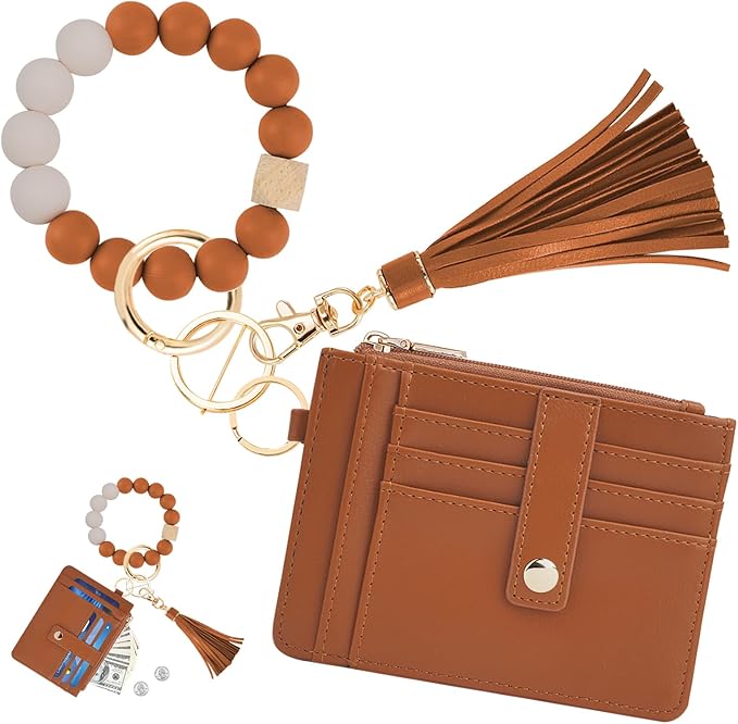 KNGITRYI Wallet Keychain Wristlet for Women,Slim RFID Credit Card Holder Purse Tassel Keychain Bangle Key Ring for Men Women