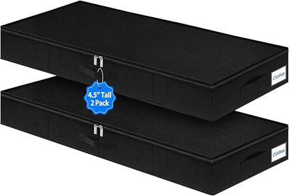 4.5-Inch Tall Under Bed Storage Container, Low Profile Underbed Storage Bin, Thin Clothes Storage Organizer with Rigid Sides & Bottom, Shallow Storage for Under Couch & Dresser Space, 2-pack, Black