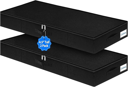 4.5-Inch Tall Under Bed Storage Container, Low Profile Underbed Storage Bin, Thin Clothes Storage Organizer with Rigid Sides & Bottom, Shallow Storage for Under Couch & Dresser Space, 2-pack, Black