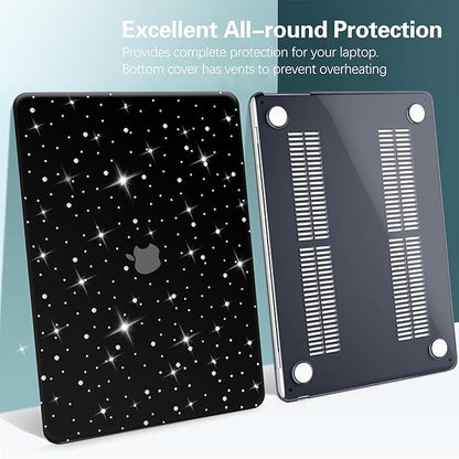 KEROM Diamond Case for MacBook Pro 13 inch 2024-2016 M2 M1 A2338 A2289 A2251 A2159 A1989 A1706 A1708, Luxury Bedazzled Bling Shiny Sparkle Glitter PU Leather Hard Shell Case & Keyboard Cover, Black