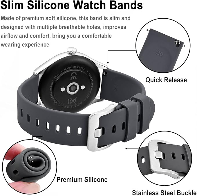 BISONSTRAP Silicone Watch Bands, Slim Watch Straps with Quick Release, 20mm, Grey with Silver Buckle