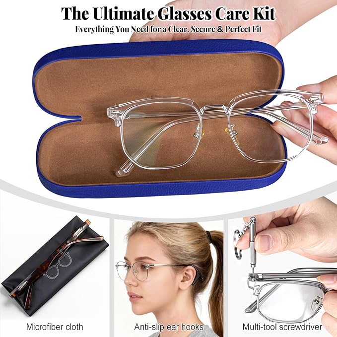 RayLove Glasses Case, 2 Pack Unisex Hard Shell Eyeglass Case PU Leather Hard Eyeglass Case with Eyewear Accessories
