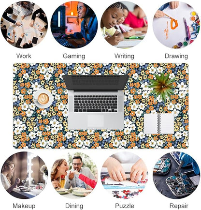 Colorful Star Large Mouse Pad, Floral Desk Mat Office Supplies, Waterproof Faux Leather Big Gaming Mousepad for Women Girls, Ditsy Wild Flowers Desk Pad Home Office Décor Accessories 31.5" x 15.7"