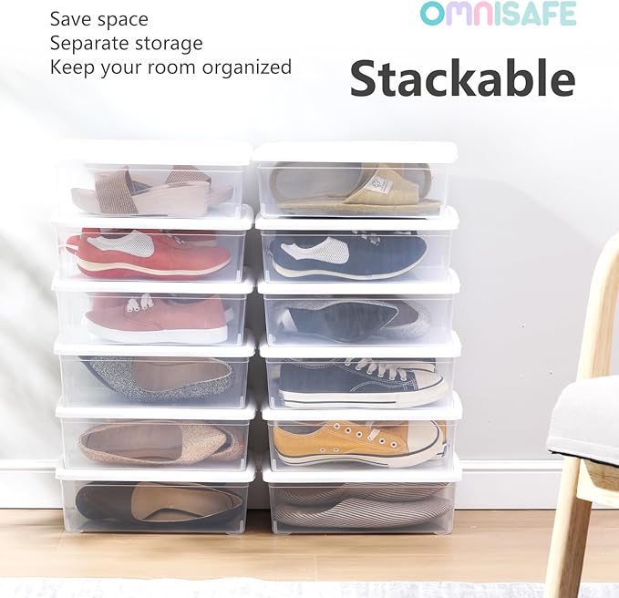 Stackable Plastic Storage Shoebox, BPA-Free Nestable Container with Latching Lid to Organize Shoes, See-Through Box for Home and Office, Multi-Purpose Storage Case, Clear Bins (12 Pack 6 Quart White)