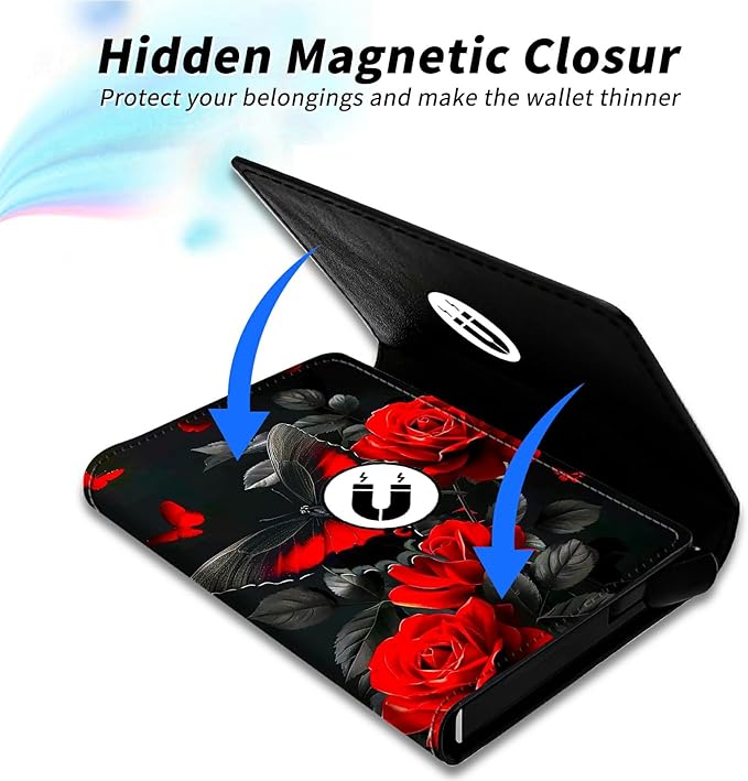 Minimalist Wallet for Men's Card Holders, Pop-Up Card Case Durable Wallets for Women, Leather Automatic Credit Card Holder with Metal Money Clip RFID Blocking Bifold Pocket, Red Rose Butterfly