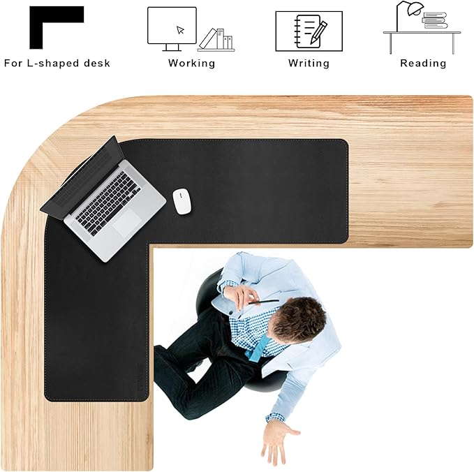 CENNBIE Dual Sided L Shaped Desk Pad,‎‎35.5x43.3x13 inches Corner Leather Desk Pad,l Shaped Desk Gaming mat,Waterproof l Shaped Leather Mouse pad,Home Office Accessories Corner Desk Mat(Black)