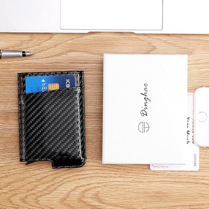 Dinghao RFID Blocking Slim Money Clip Aluminum Wallet Minimalist Automatic Pop-up Card Case (carbon fiberblack)