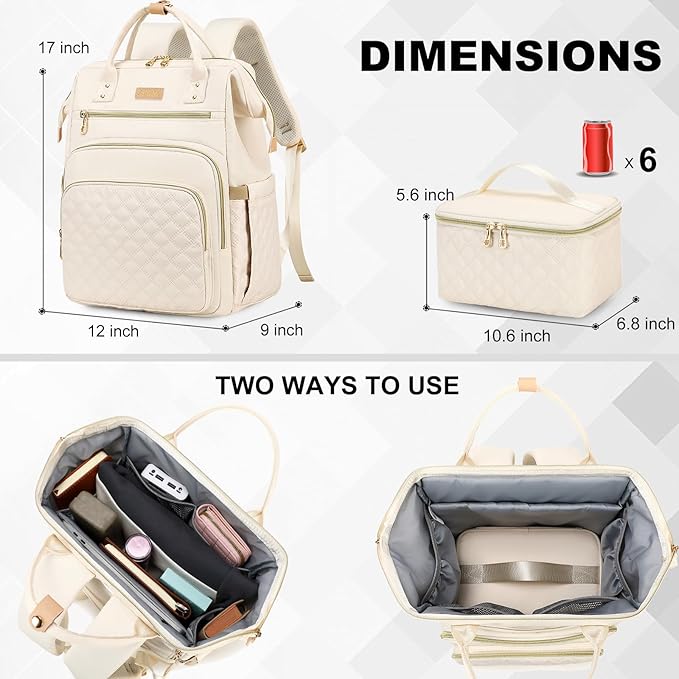 Lunch Backpack, 15.6 inch Laptop Backpack with Insulated Lunch Bag, Backpack Cooler for Women, Large Travel Backpack Lunch Box Compartment, Work Computer Backpack, Teacher College Book Bag, Beige