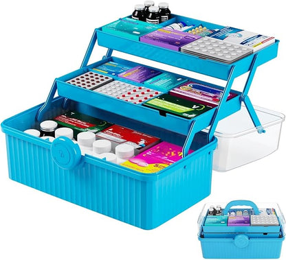 Yieach 13.3in 3-Layer Multipurpose Craft Storage and Sewing Box,Plastic Folding Box for Medication/First aid/Medicine/Craft/Ivf Medication Organizer and Art Supplies Storage,Blue