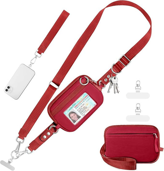 Tiostep Clip and Go Strap for Phone with Wallet Crossbody Phone Lanyard Adjustable and Detachable Wristlet Wallet with ID Window and Zipper, Red