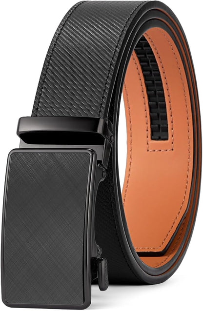 SENDEFN Leather Belt for Men Automatic Ratchet Buckle Slide Dress Casual Belts 1 3/8'' Wide Adjustable Trim to Fit(Black-20)
