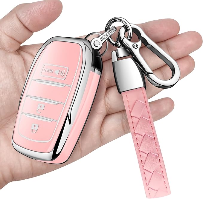 Sindeda for Toyota Key Fob Cover with Metal Keychain & Leather Strap for 2025-2026 Camry 4 Runner 2019-2026 Venza, Land Cruiser,2023-2026 Tacoma Grand Highlander,Corolla,bZ4X,3-Buttons(Chalk Pink)