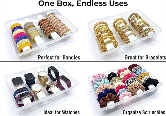 Multipurpose Plastic Storage Box with 4 Adjustable Rods l Storing Box For Bangles, Chuda, Kada, Watches, Scrunchies I (Transparent_Big_4-Rod)