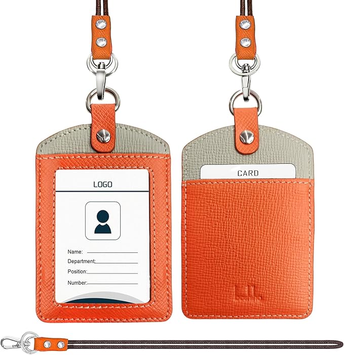 Badge Holder: Boshiho Cowhide Leather ID Badge Card Holder with 19" Neck Lanyard, Vertical Style (Orange-Light Gray)