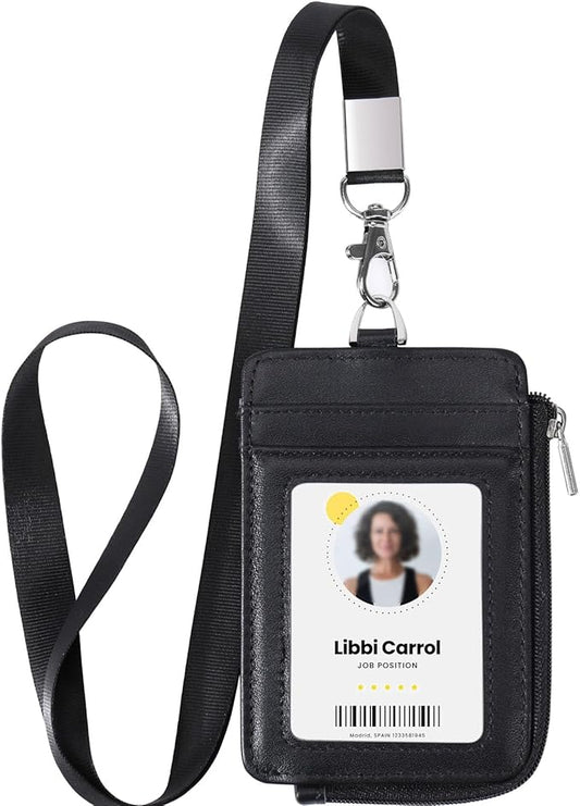 Badge Holder-Genuine Leather ID Badge Holder with Zipper Pocket and Nylon Lanyard – Perfect for Badges, Cards, and More