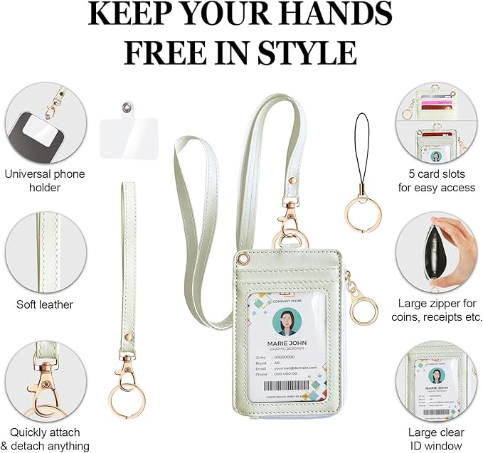 bolimoss 2-in-1 ID Badge Holder & Lanyard Wallet, Leather ID Badge Card Holder Wallet with 5 Card Slots, 1 Side Zipper Pocket,Detachable Keychain Lanyards Wristlet Strap for Office School, White