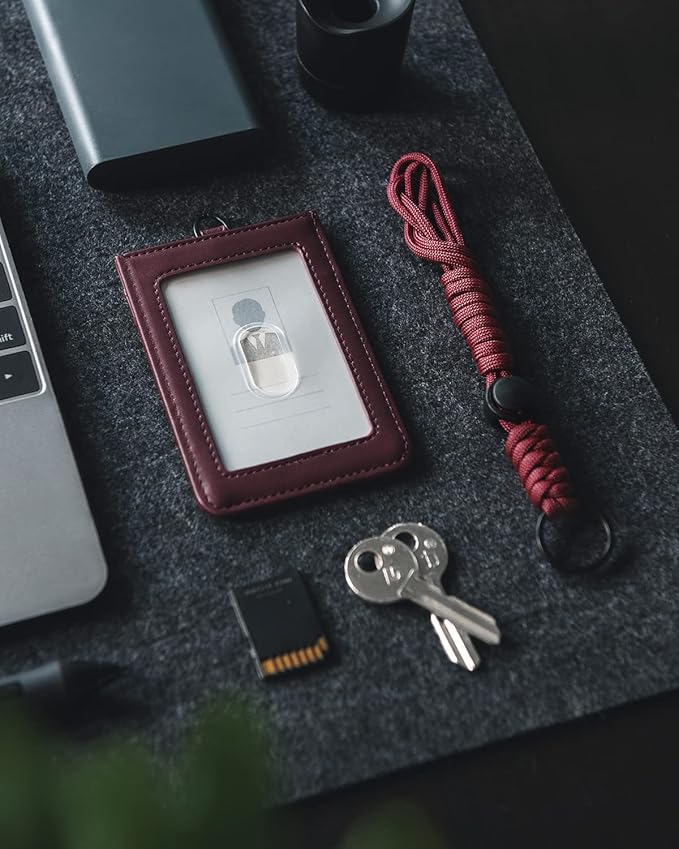 VULKIT ID Badge Holder with Lanyard for Women and Men Vertical Leather Badge Holder with Clear ID Window Card Holder Slot and Money Pocket Wine