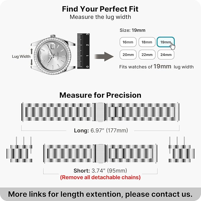 Fullmosa 19mm Stainless Steel Watch Band, Quick Release Metal Replacement Strap with Removable Links, Includes Spring Bars & Link Removal Tool for Men Women (Silver)