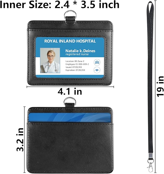 Teskyer Badge Holder with Lanyard, Leather ID Name Badge Card Holder with Lanyard for ID Badges, Horizontal Black