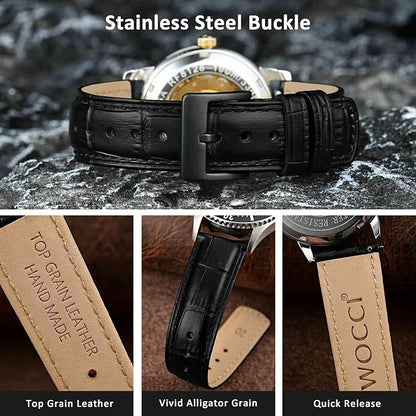 WOCCI Watch Bands, Top Grain Leather, Embossed Alligator Grain, Quick Release, Band Width 18mm 20mm 22mm