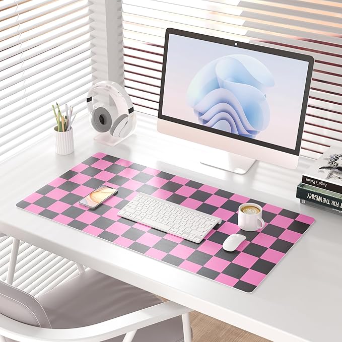 Colorful Star Large Black and Pink Mouse Pad, Plaid Waterproof Office Desk Mat, Non-Slip Gaming Mouse Pad, XXL PC Laptop Protector Pads, PU Leather Desk Writing Pads for Office Home, 31.5" x 15.7"