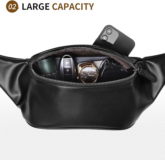 Faux Leather Belt Bag for Women, Crossbody Fanny Pack with Adjustable Strap, Back Zipper Pocket, Large Capacity Waist Pack for Travel, Concerts, Black